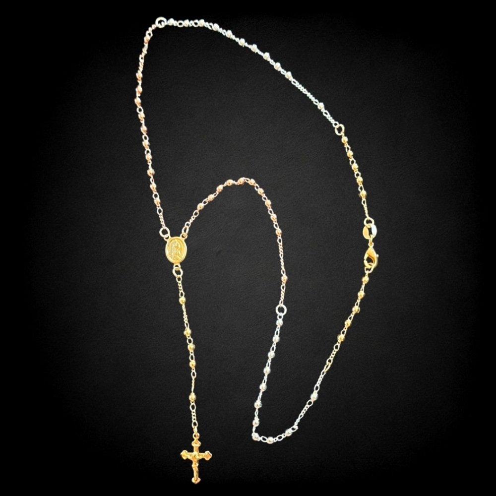 18K Tri Gold Plated Virgin Mary Rosary Bead Cross Necklac